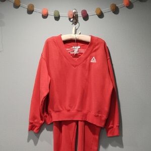 Reebok Coral-Red V-Neck Pullover Sweatshirt (XL) and Joggers (L)